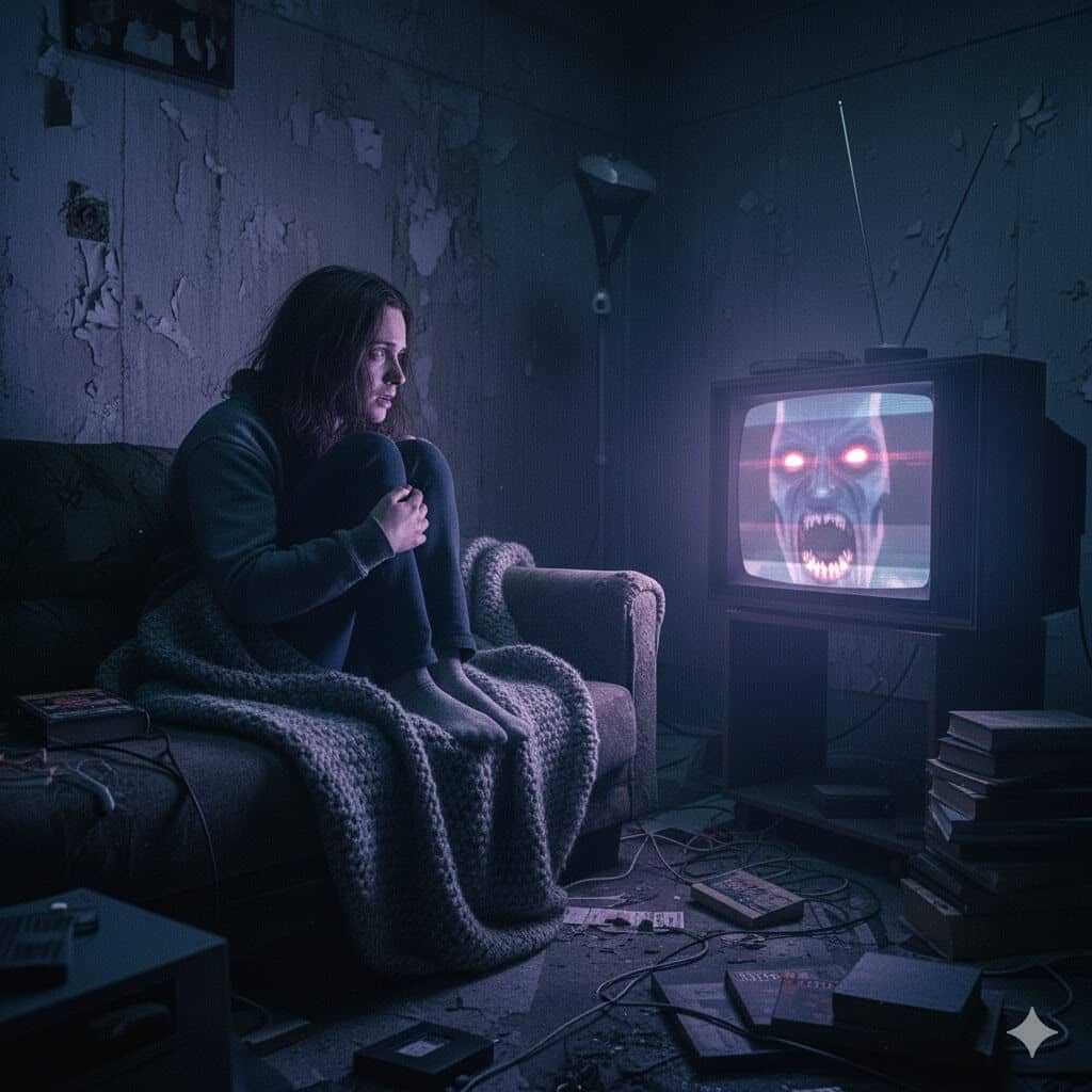 Pessoa em momento de solidão assistindo conteúdo de terror